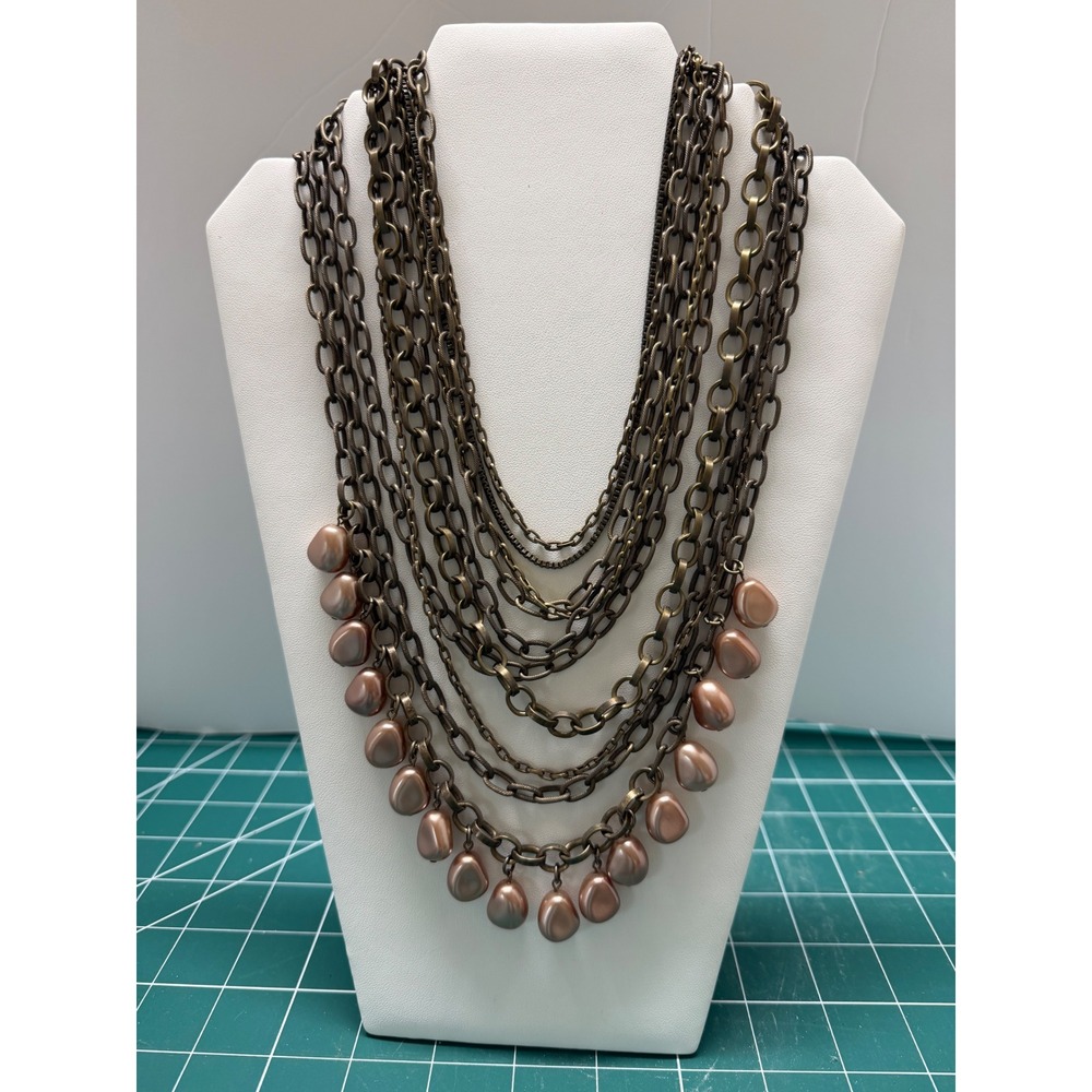 Chicos Multi Strand Statement Necklace Bronze Tone‎ Chain Bronze Toned Beads